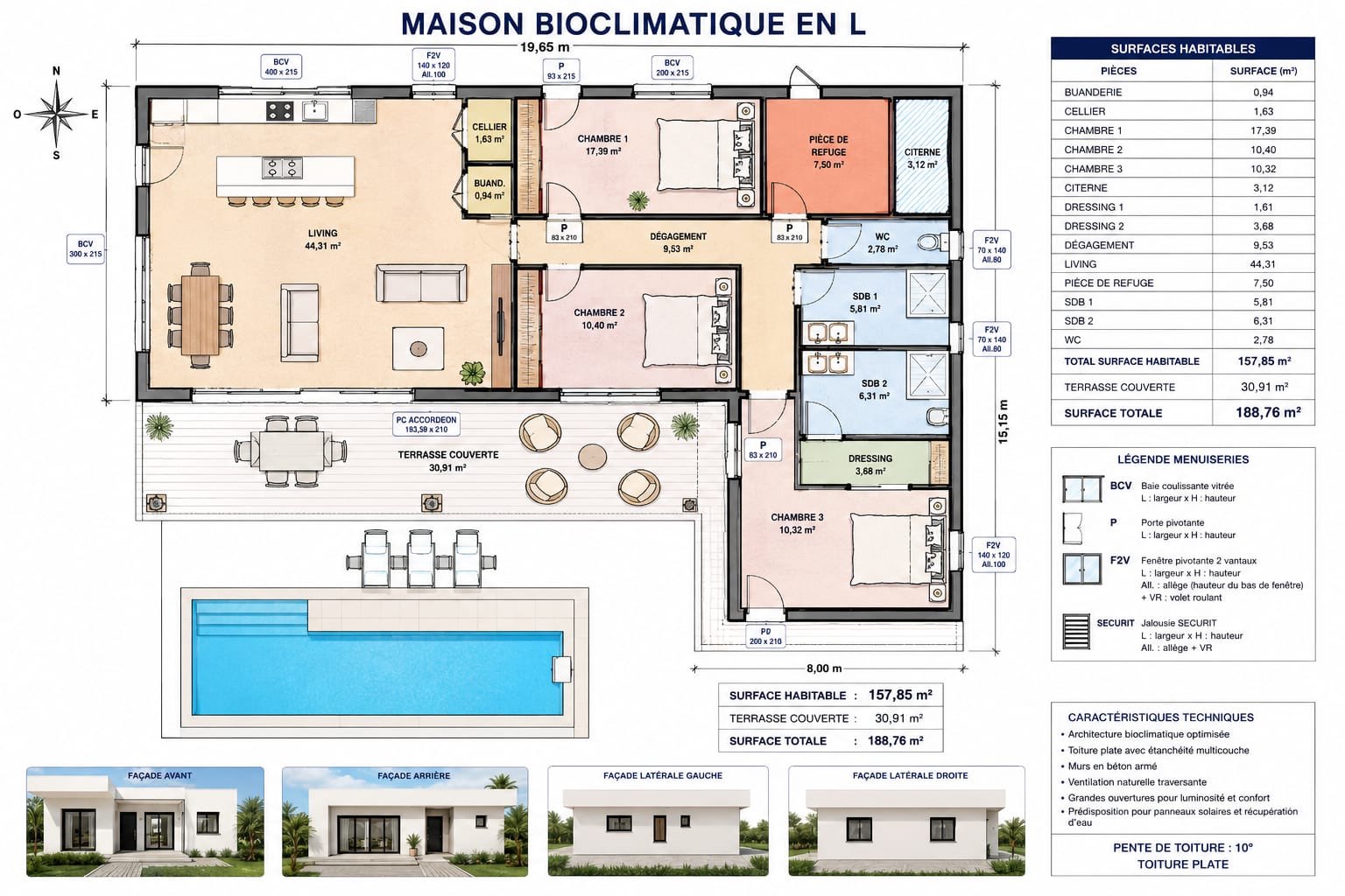 Plan technique Maison Bioclimatique en L